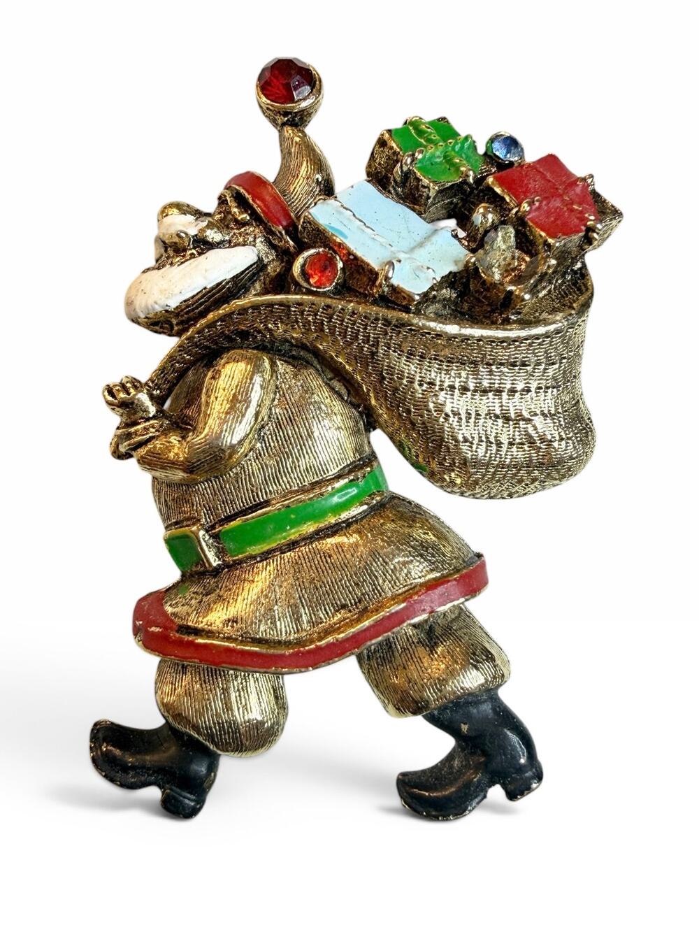Mid-Century ART Signed Christmas Santa with Toy Sack Brooch